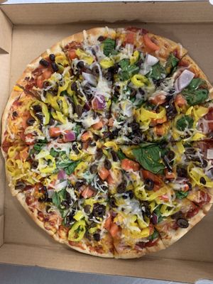Vegan pizza ..(Greek style pizza) at Razzos Pizza And Salads in Hayward