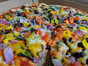 Greek vegan pizza (large) at Razzos Pizza And Salads in Hayward