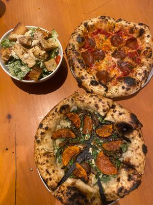 Sweet potato sage pizza, half Caesar salad & pepperoni pizza at Pulse Cafe in Hadley