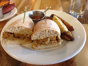 ";Cheese steak"; sandwich, seitan based at Pulse Cafe in Hadley