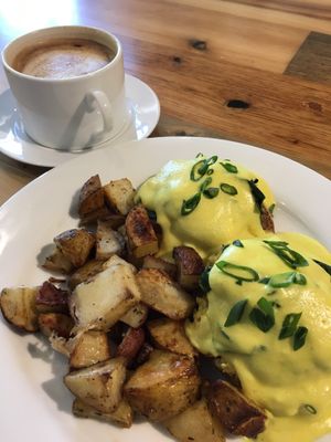 Tofu Benedict and Orzo Latte for brunch at Pulse Cafe in Hadley