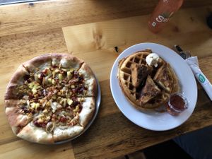 Vegan Hawaiian Pizza and Chickn n Waffles at Pulse Cafe in Hadley