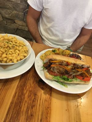 Steak sandwich with potatoes and mac n cheese at Pulse Cafe in Hadley
