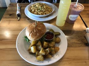 Beyond Burger w Potatoes and Mac and Cheese at Pulse Cafe in Hadley