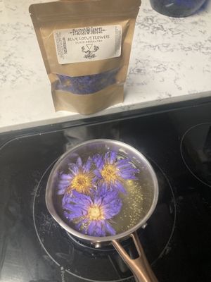 Blue Lotus Flowers Tea from Fractal Forest Kauai.  at Imua Coffee Roasters in Kapaa