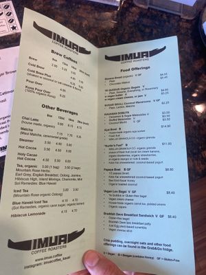 Menu  at Imua Coffee Roasters in Kapaa