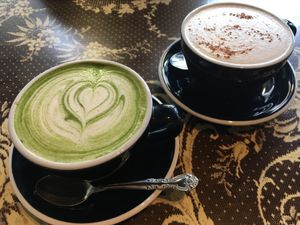 Matcha latte and chai tea latte with soy milk. at Curio Espresso and Vintage Design in Kanazawa