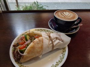 Vegan zesty coffee and sandwich with hummus at Curio Espresso and Vintage Design in Kanazawa