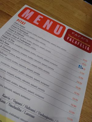Their menu. Fafa's Falafel and Falafel & kukkakaali are vegan pitas, please- mention vegan when ordering products. at Fafa's - Kampinkeskus in Helsinki