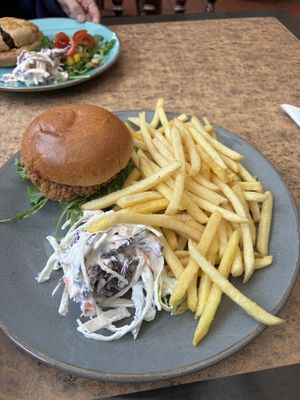 Vegan Jackfruit Burger with fries and vegan coleslaw. Cake not pictured as the takeaway did not survive the single track road.  at Lochinver Larder in Lochinver