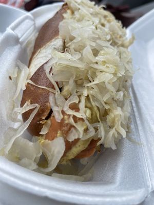 European dog on pretzel bun  at Mad Dogs Hot Dogs in Venice