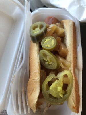 This hotdog has marinated pineapple and jalapeño on it  at Mad Dogs Hot Dogs in Venice