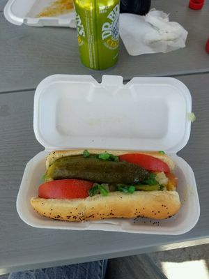 vegan Chicago style hot dog  at Mad Dogs Hot Dogs in Venice