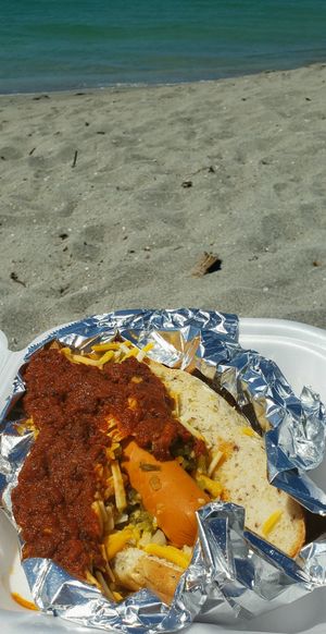 Vegan dog with vegan chili, relish and onions on a gluten free bun, perfect beach day! at Mad Dogs Hot Dogs in Venice