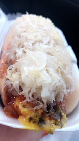 The works veggie dog  at Mad Dogs Hot Dogs in Venice