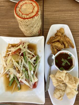 Papaya salad set with fried “chicken” & crispy soy protein   at Talalask in Bangkok
