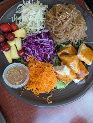 Trio Rainbow with sweet potato noodles and teriyaki tofu at Greens Garden Round Rock in Round Rock