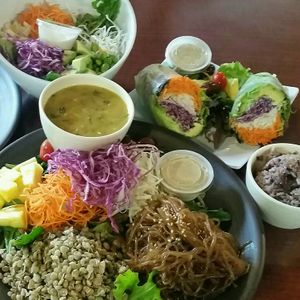 Poke bowl with rice, Avocado roll with Lentil soup, plate with sweet potato noodles and sprouted lentils. at Greens Garden Round Rock in Round Rock