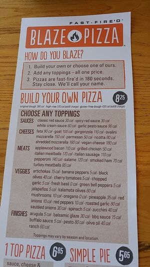 menu at Blaze Pizza in Bakersfield