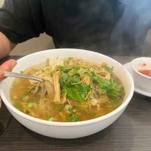 Bamboo shoot Noodle soup with imitation chicken  at Golden Flower Veggie  in Westminster