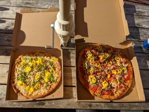 Personal banza vs large thick crust at Oath Pizza in Nantucket