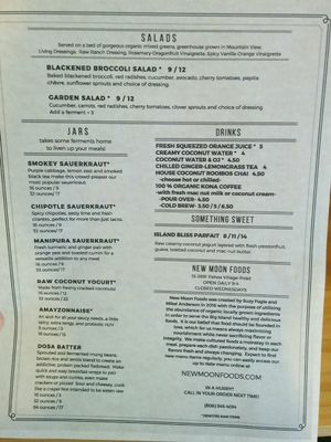 Menu back at New Moon Foods in Pahoa
