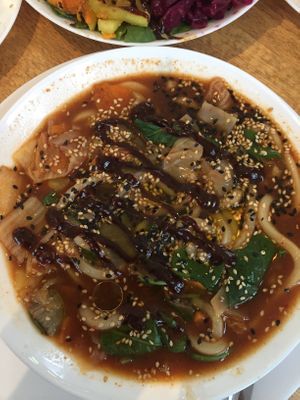 Udon kimchi soup  at Vegan Yes in East London