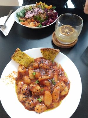Topognocchi (front) and kimchi bibimbap (back) at Vegan Yes in East London