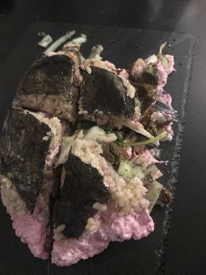 Sushi burger (cut up)  at Vegan Yes in East London