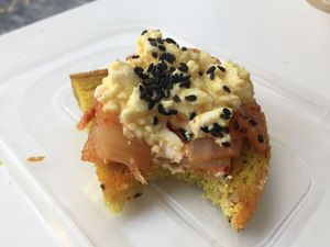 kimchi bruschetta with tofu egg on homemade bread! at Vegan Yes in East London