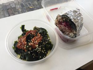 Yum red cabbage sushi roll and wakame pomodoro  at Vegan Yes in East London