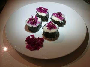 Kimchi Kimbap Viola - rice wrapped in seaweed, fermented red cabbage
 at Vegan Yes in East London