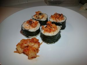 Kimchi Kimbap Red - rice wrapped in seaweed, fermented Chinese leaf, chilli
 at Vegan Yes in East London