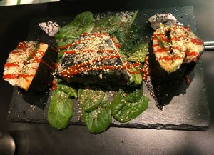 The new dish, sushi tramezzino at Vegan Yes in East London