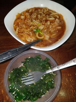 Kimchi udon and seaweed salad at Vegan Yes in East London