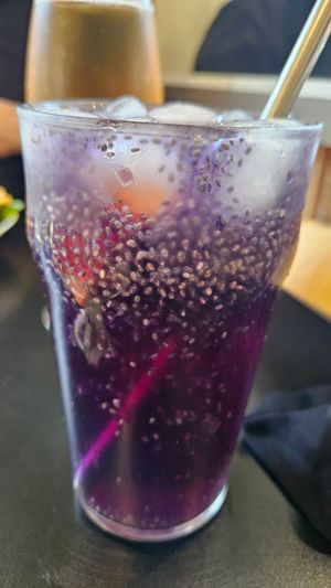 Blue tea with chia seeds, orange, Kombucha. at Vegan Yes in East London