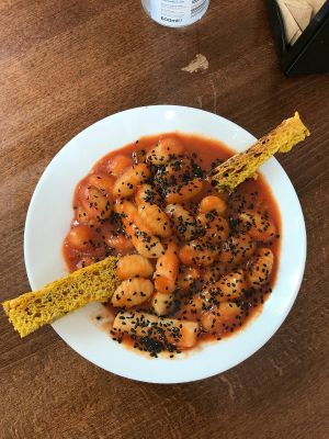 Gnocci and tomato sauce at Vegan Yes in East London