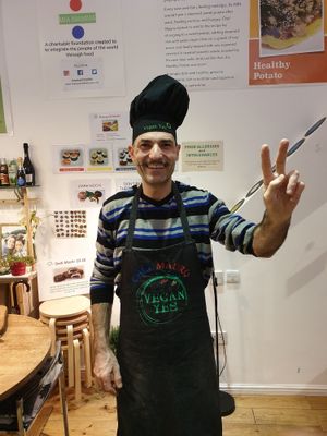 Mauro in his restaurant. at Vegan Yes in East London
