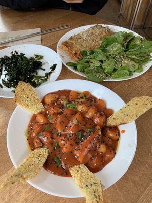 Side salad, Kimchi Lasagna, toppognocci at Vegan Yes in East London