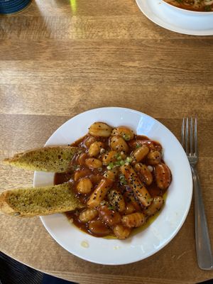 Toppognocchi (combo of Topokky and Gnocchi) with tomato sauce and gochujang (spicy fermented Korean sauce) £9 at Vegan Yes in East London