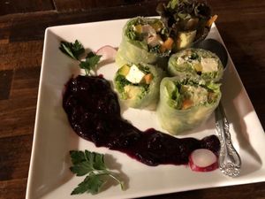 Avocado fresh spring roll with berry sauce at Loca Kitchen in Tokyo