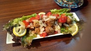 Amazing side dish with fried onion and vegan fried protein. Absolutely delicious at Loca Kitchen in Tokyo