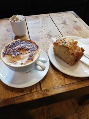Cappuccino with soy milk and vegan banana bread at Accents Coffee & Tea Lounge in Dublin