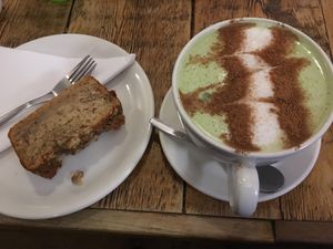 Matcha latte and vegan banana bread  at Accents Coffee & Tea Lounge in Dublin