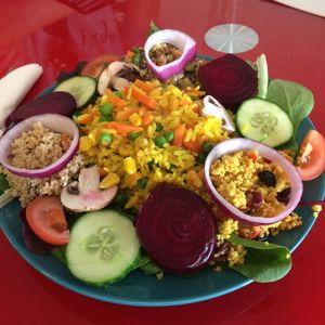 Golden vegetable rice salad. at Chapter Two Book Shop in Fleetwood