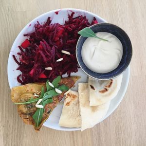Vegan tortilla de patata, chashew aioli, Turkish bread  at Le Moine Bistro in Neumuenster