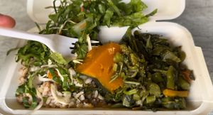 Brown rice, pumpkin, callaloo (Caribbean spinach or amaranth) love it!   at Millennium Victory in Montego Bay