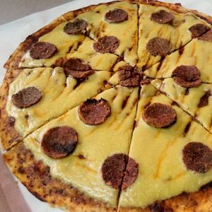 Cheezy Peppero-nice
Our version of the classic Pepperoni and Cheese
Topped with whole pieces of our homemade Peppero-nice and extra Mozzarella
Php400/box, Php60/slice at Indulge in Quezon City