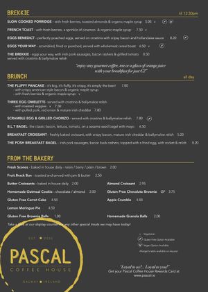 Menu  at Pascal Coffee House - Edward Square in Galway