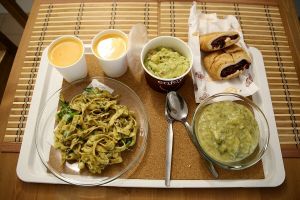 Pottade, pasta, guacamole, strudel and fresh orange juice. at VegaKucko in Budapest